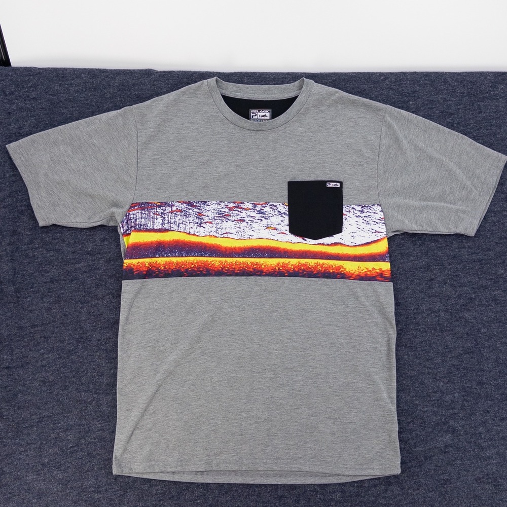 Pelagic T-Shirt Mens XL Gray Black Label Premium Sonar Graphic Pocket Excellent‎